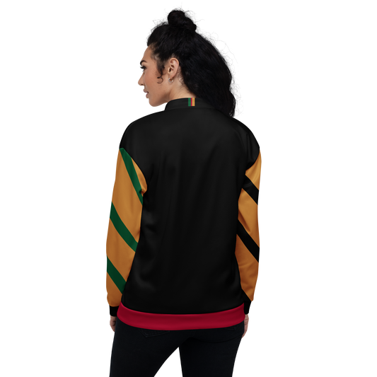 Person wearing a black jacket with colorful stripes on a white background