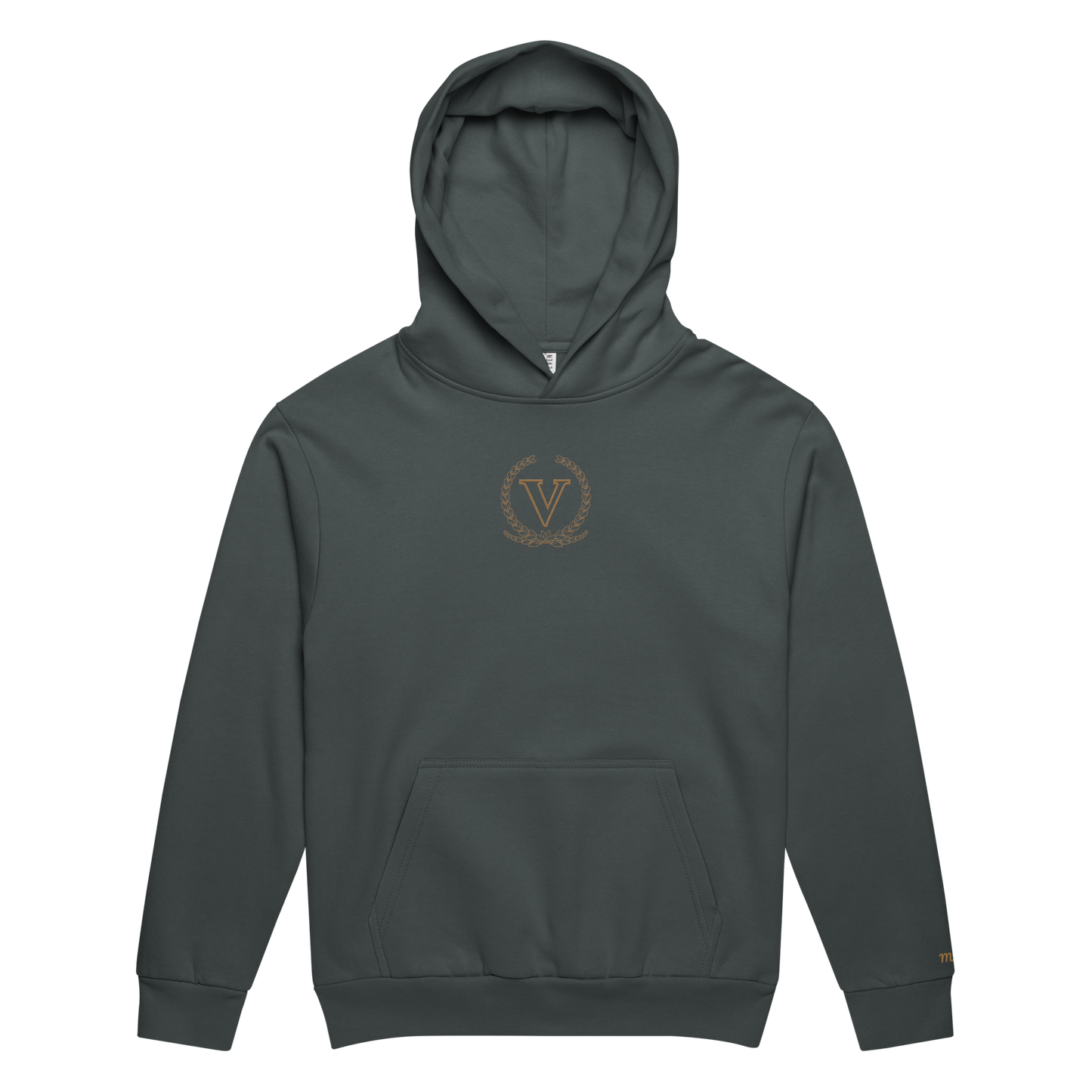Dark gray hoodie with a logo on the chest against a white background