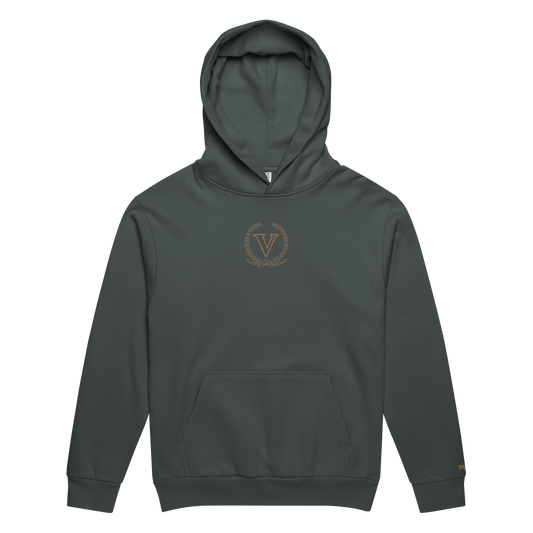 Dark gray hoodie with a logo on the chest against a white background