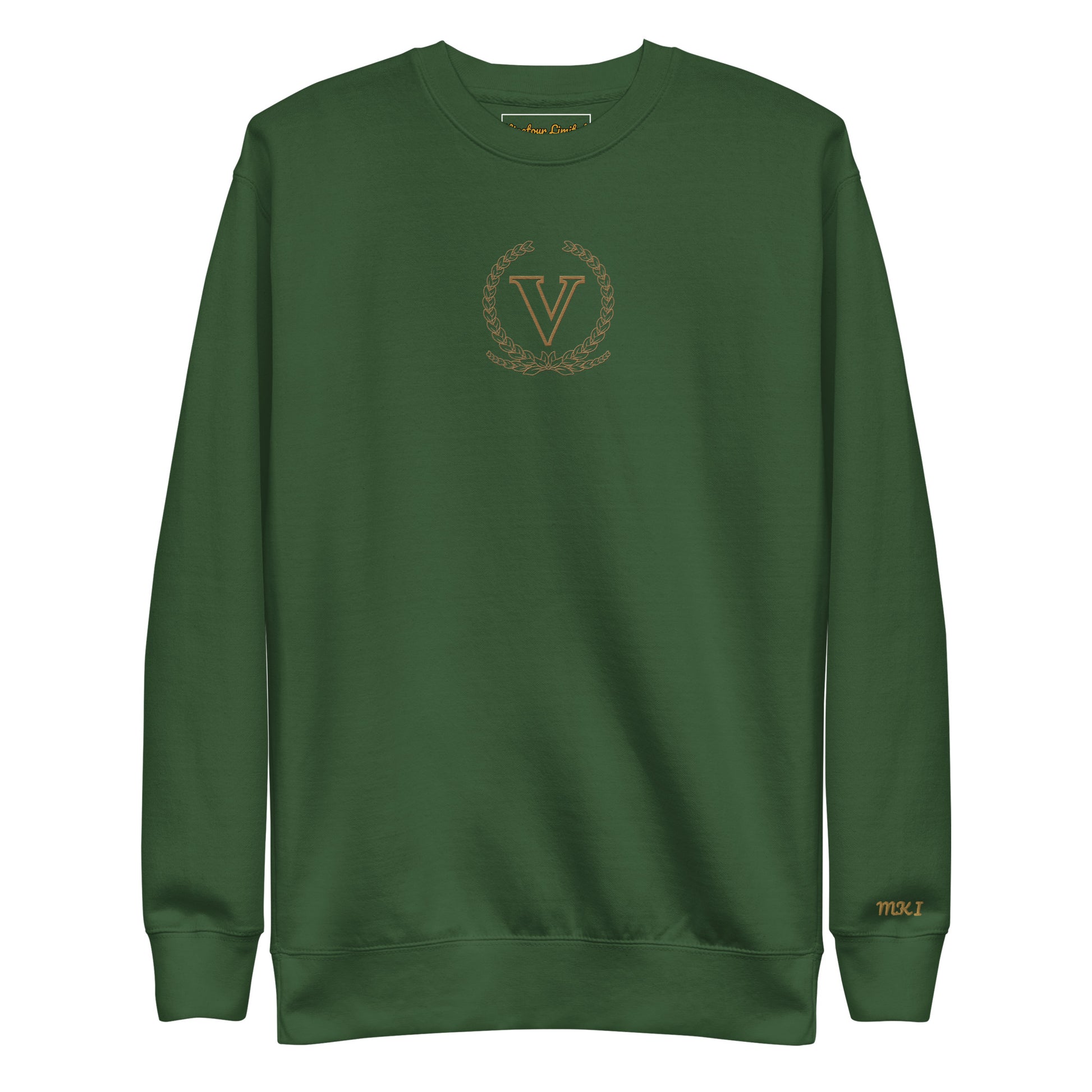 Green sweatshirt with a logo on a white background