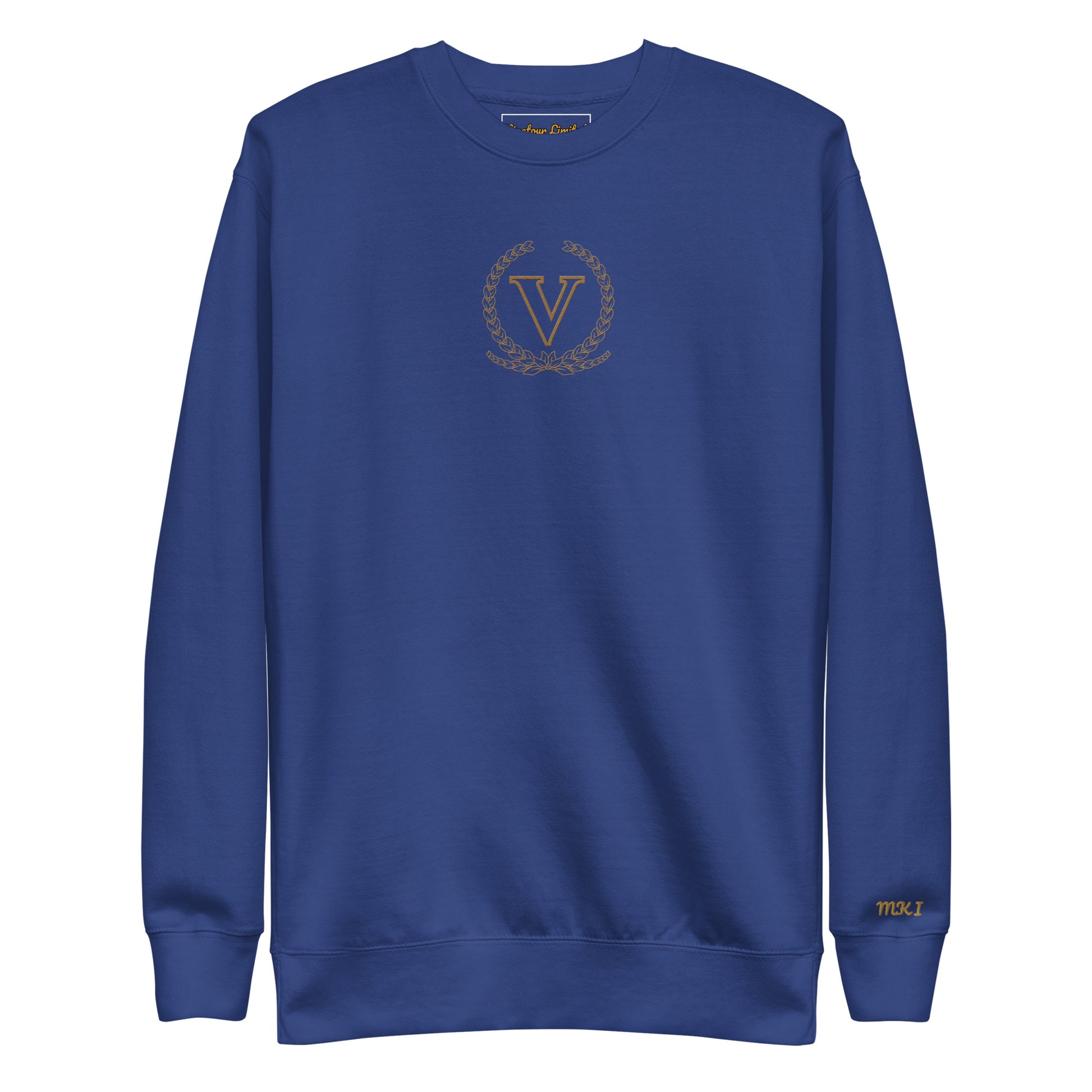 Blue sweatshirt with a logo on a white background
